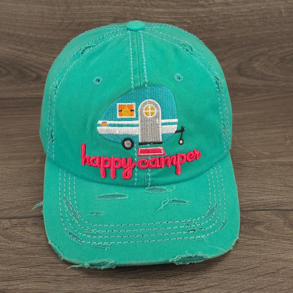Happy Camper Hat Cap Womens Strap Back Green Distressed RV Camping Hike Gorpcore